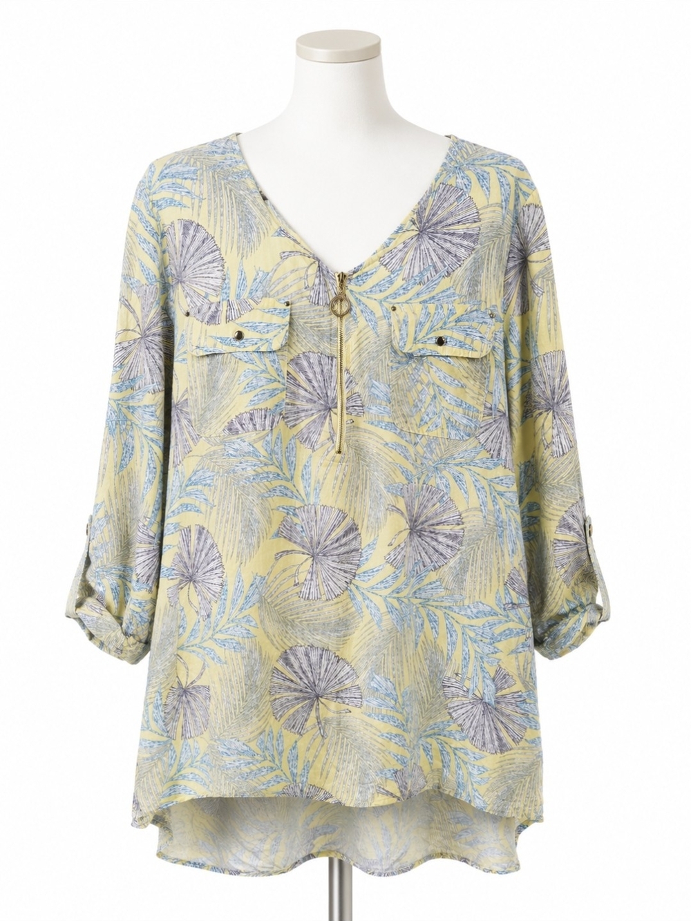 Cathy XL 55% Linen Tropical Print Blouse Yellow Blue Roll Tab Sleeve Tunic